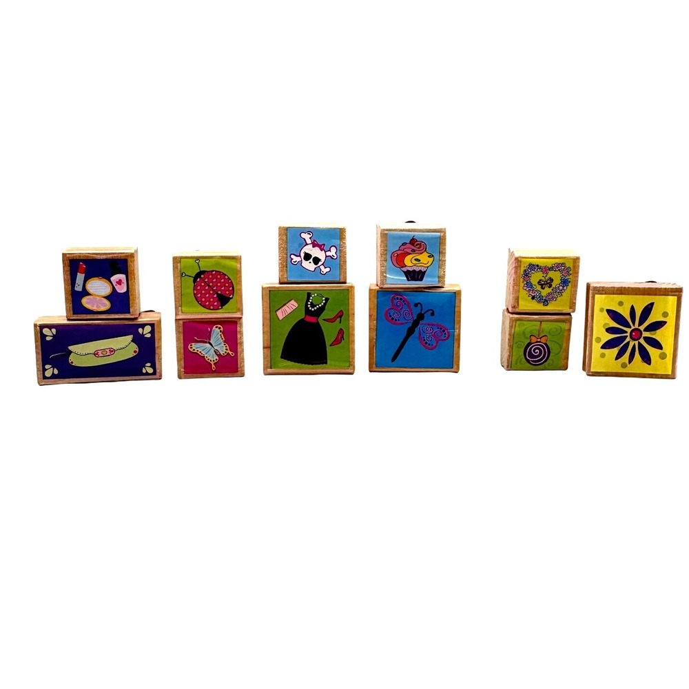 Wood Mounted Rubber Stamp Lot‎ 10 Girlie Skull Cupcake Flower Ladybug craft